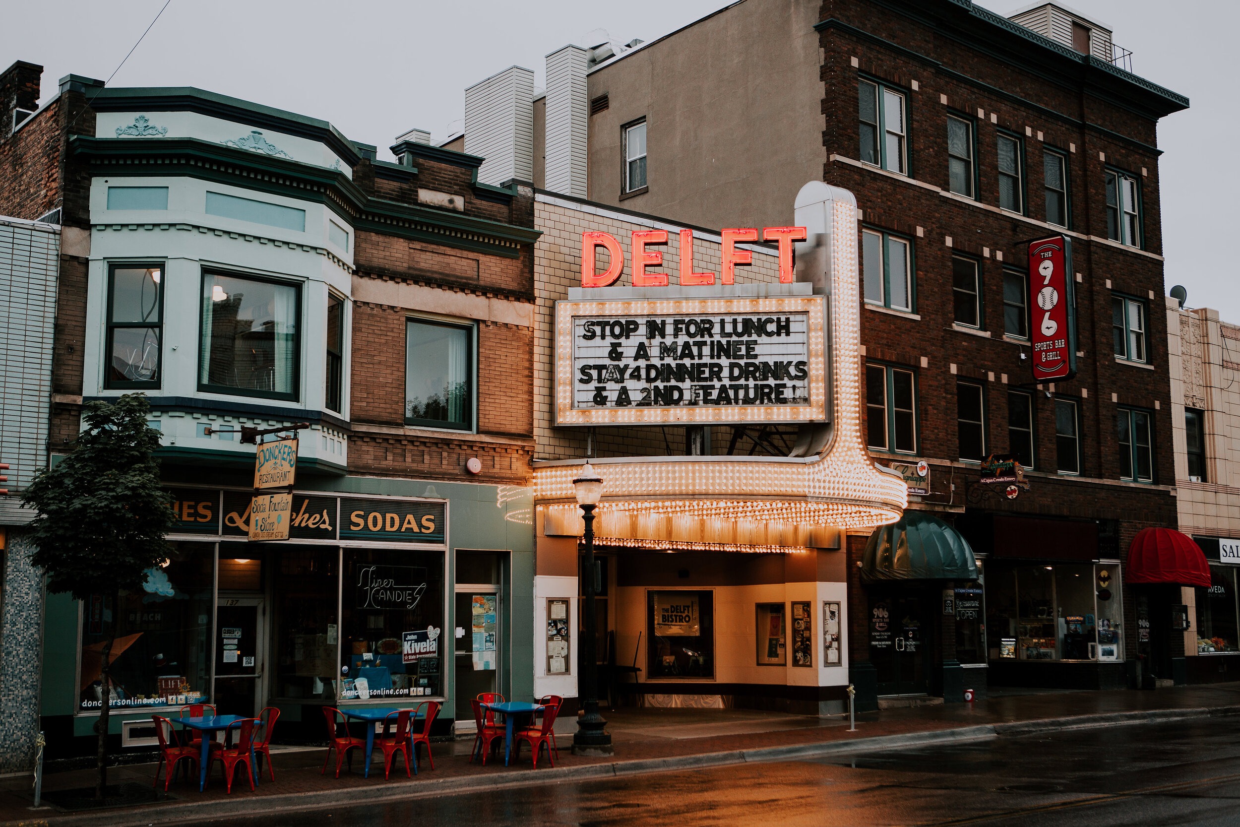 The Delft Bistro, a theater turned restaurant, with Donckers to the left.