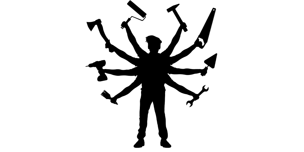 illustration of silhouetted man with ten hands holding ten tools