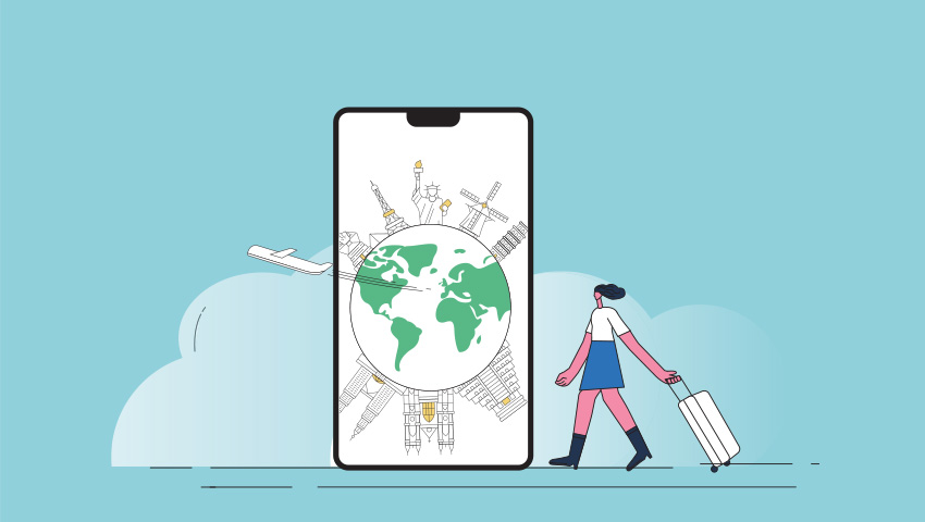 illustration of woman walking with luggage next to a life-sized phone with an image of the earth and modern tourist attractions