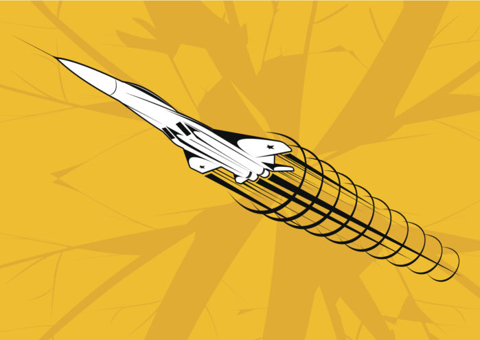 illustration of white jet on yellow background breaking sound barrier. United Airlines is seeking these types of jets in the future