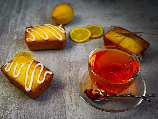 lemon, lemon slices, lemon loaves and tea