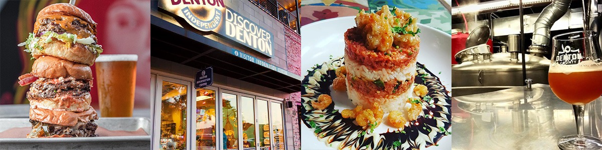 four images (from left to right): small burgers and beer, discover denton visitor center, komoto loco, interior of denton county brewing co.