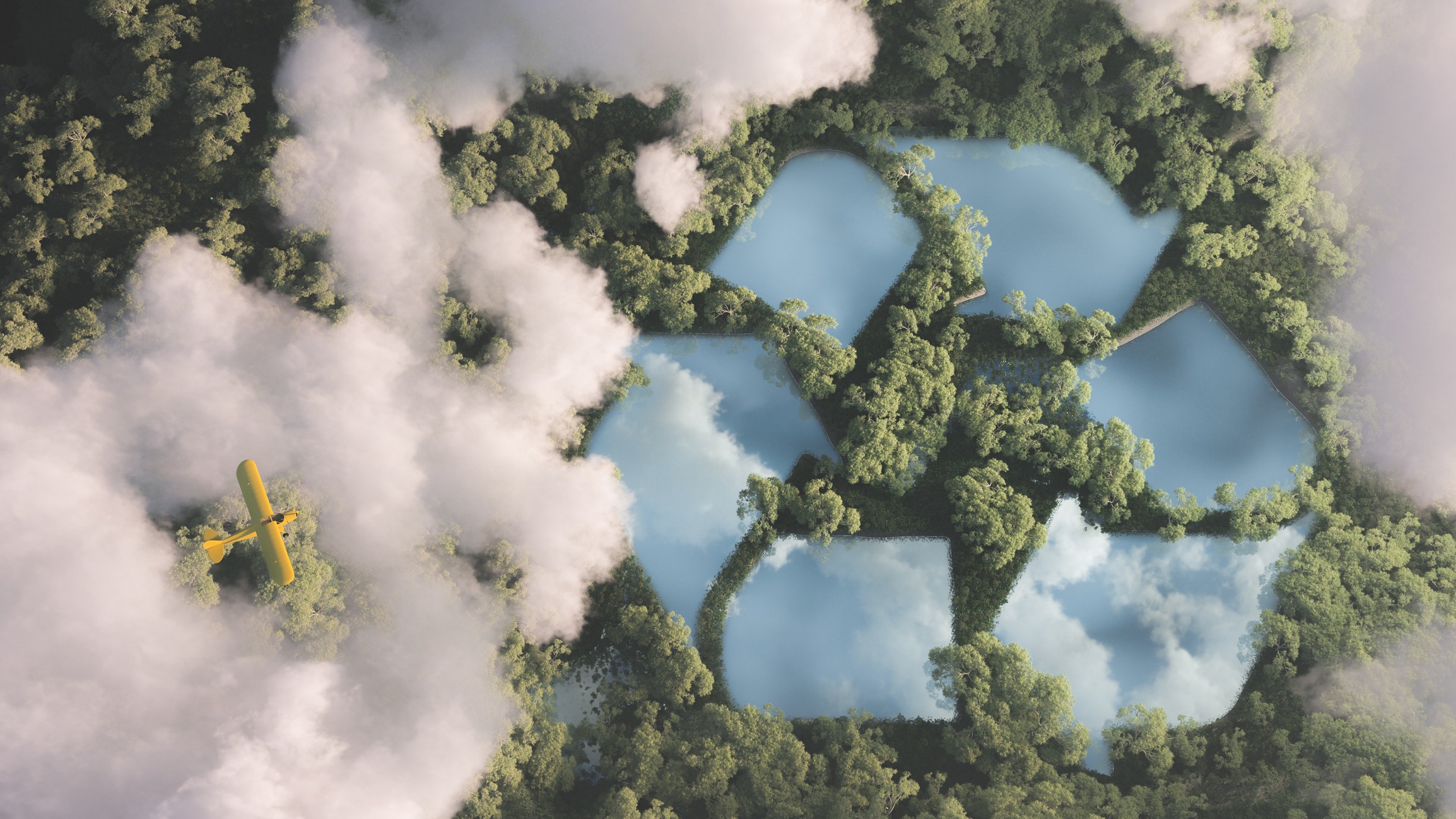 Recycling sign in a lake shape in the middle of dense amazonian rainforest vegetation viewed from high above clouds with small yellow airplane. 