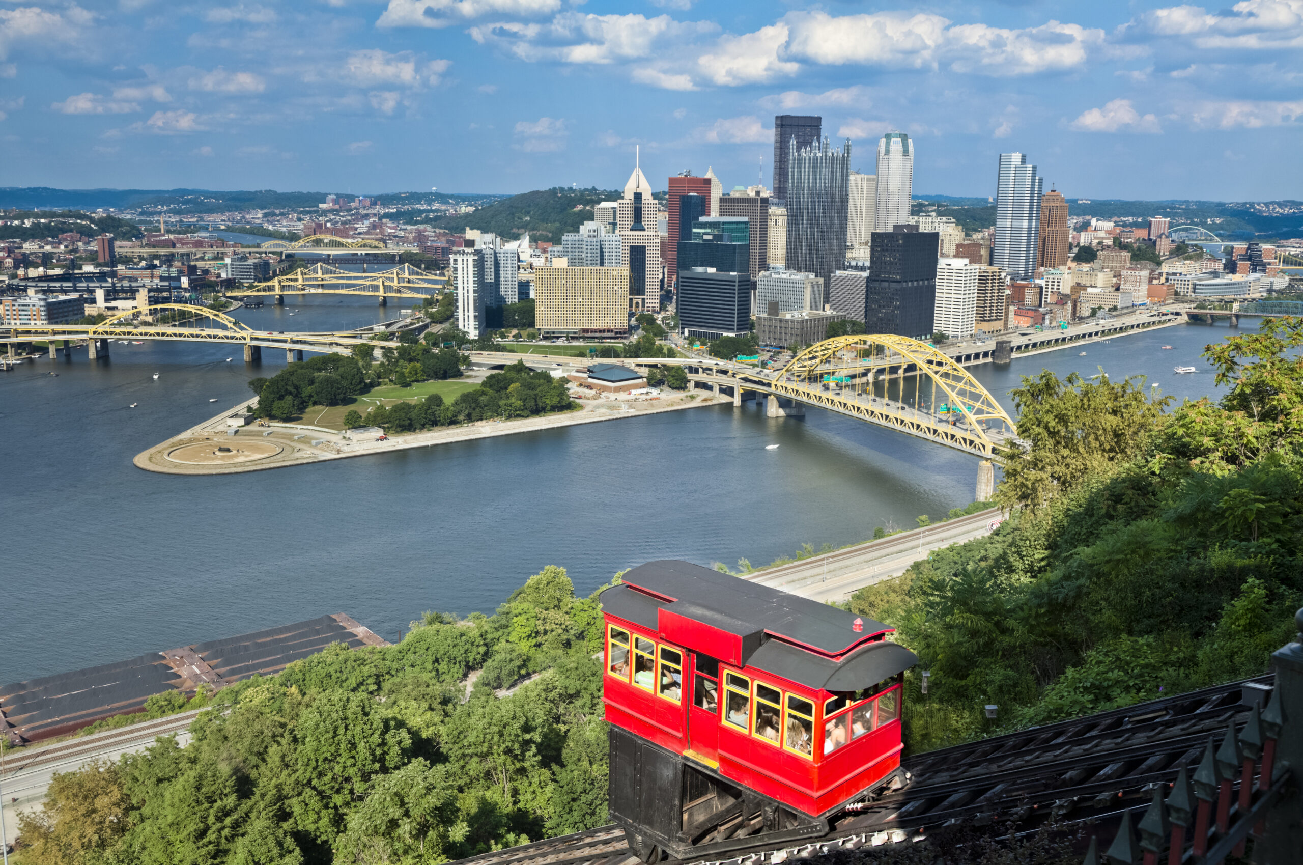 Duquesne Incline With Bright Red Cablecar in pittsburgh, pennsylvania