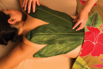 woman laying on stomach getting spa treatment with large leaves on her back