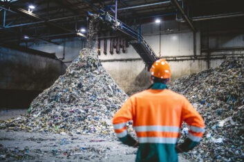 Worker in helmet Observing Processing of Waste at Recycling Facility