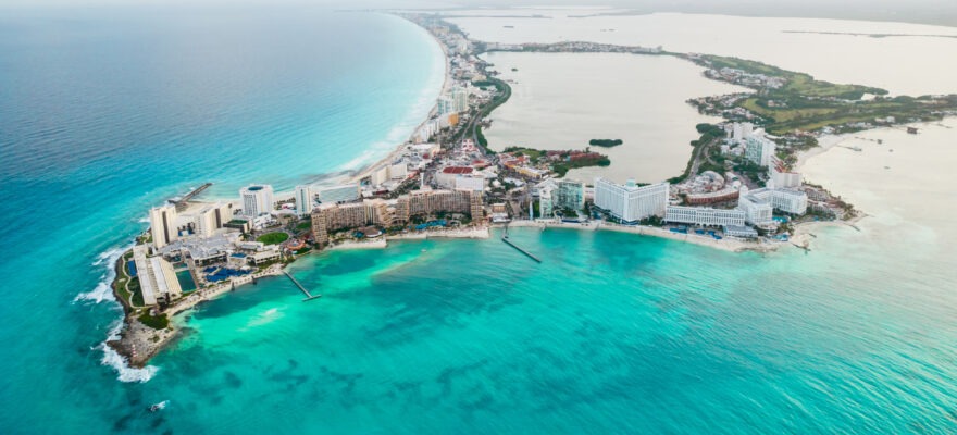Aerial panoramic view of Cancun beach and hotel zone in Mexicoq