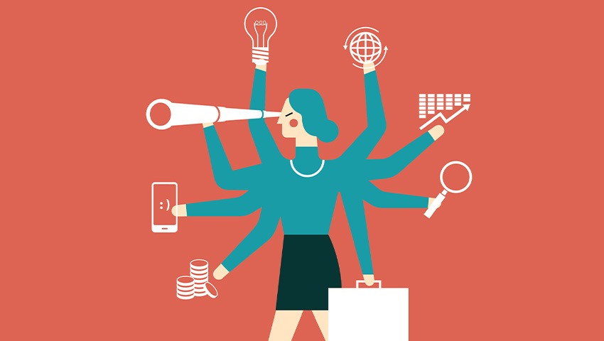 illustration of Businesswoman Multitasking with Multiple Arms