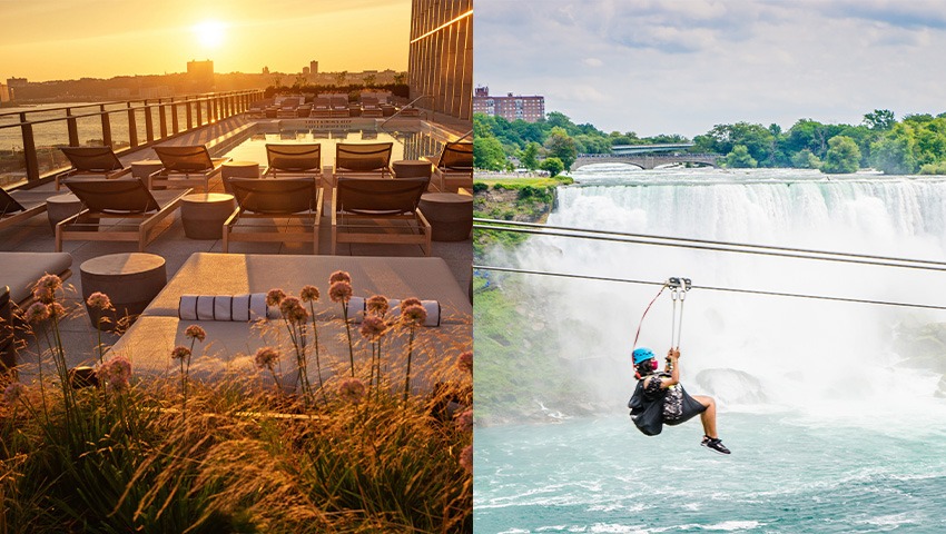 two images: equinox hotel on left; and woman ziplining on right