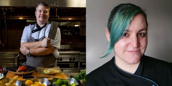 two images: bryan hill on left in kitchen crossing arms wearing white chef shirt, samantha torres on right, with blue hair and black chef shirt 
