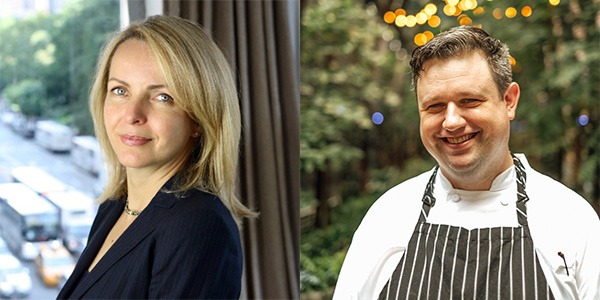two images: iwona luksza on left wearing black blazer and evan bergman on right wearing white chef shirt and black-and-white striped apron