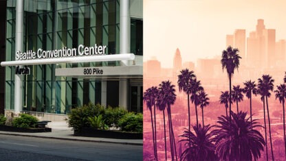 two images: seattle convention center entrance on left and skyline of los angeles with palm trees on right