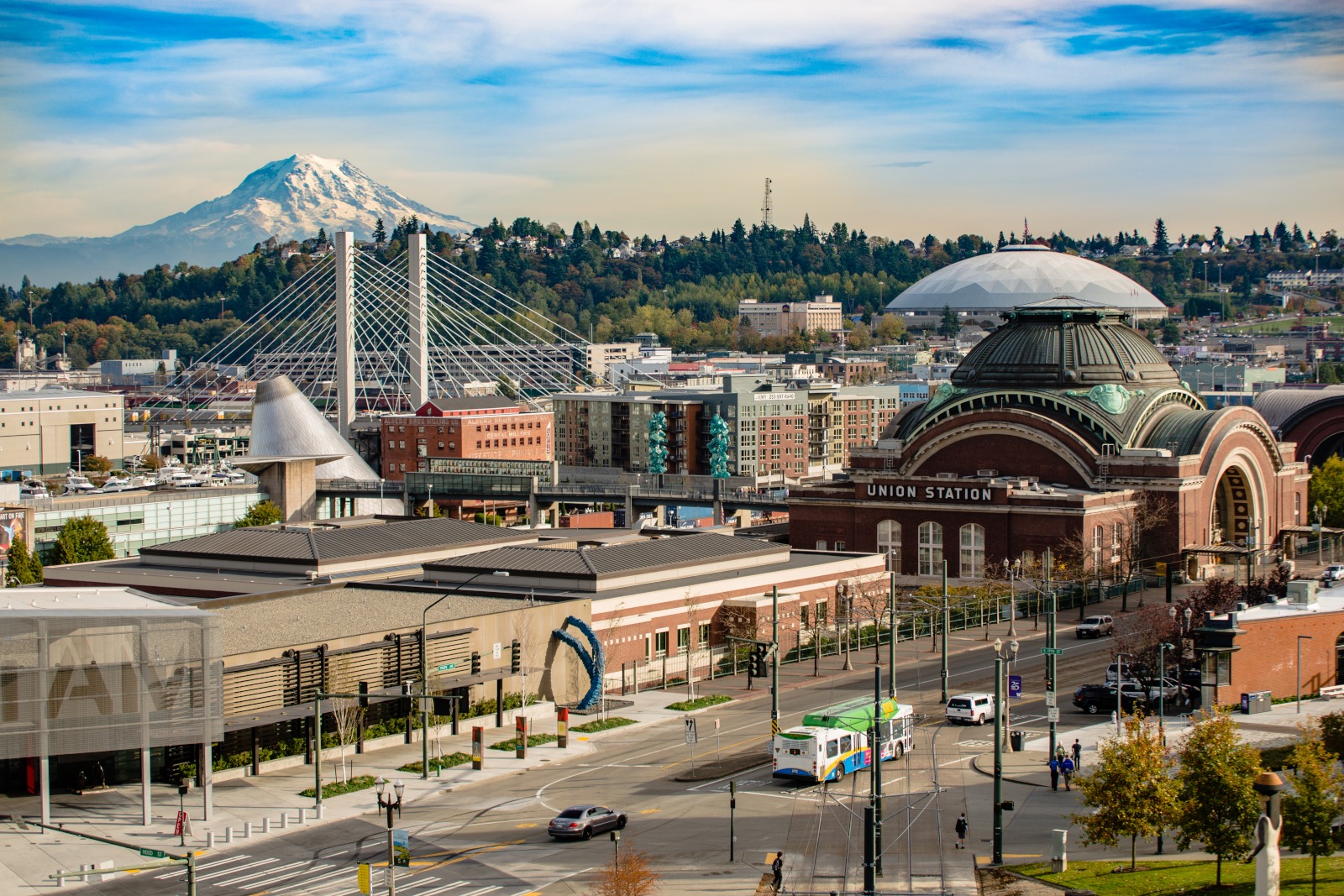 aerial shot of Tacoma Convention Center enjoys Mt. Rainer as a backdrop
