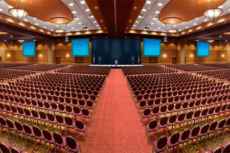 large red carpeted ballroom in Rogers Convention Center