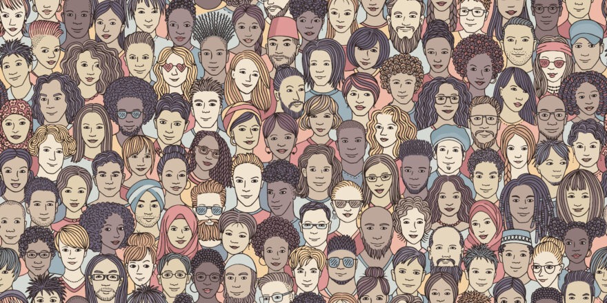 banner of 100 different hand drawn faces of various ethnicities