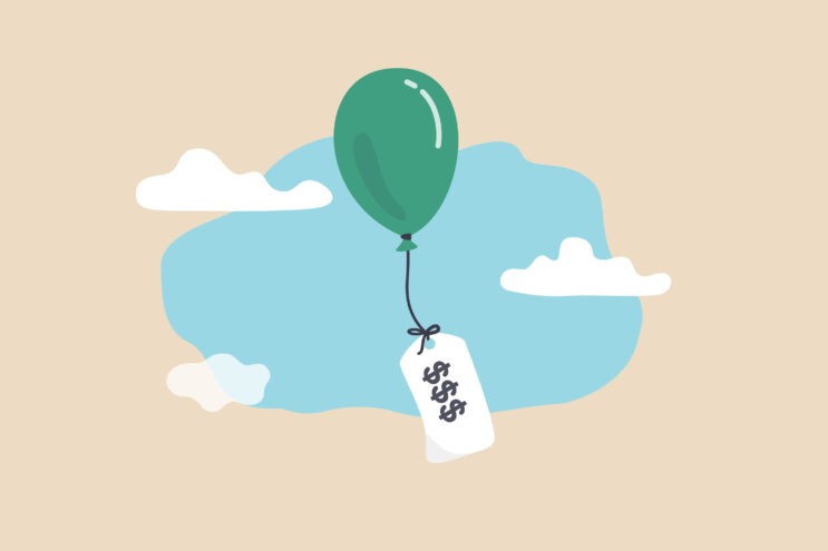 illustration of white price tag attached to green balloon, rising in the sky