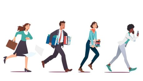 animated image of businesspeople rushing with large folders and suitcases in hand