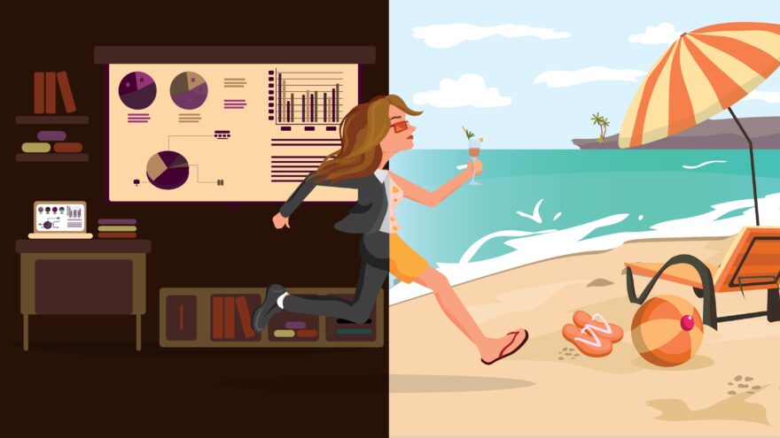illustration of woman leaving office in formal suit to beach wearing bathing suit
