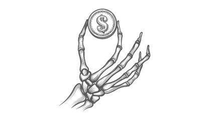 illustration of skeleton hand with coin in hand