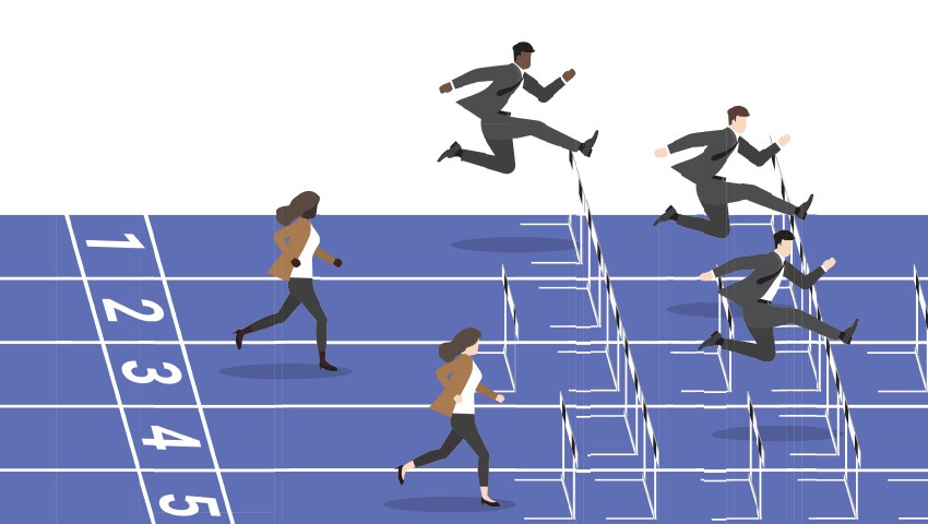 animated illustration of businesspeople running on track