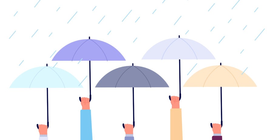 illustration of five hands holding umbrellas to protect themselves from rain