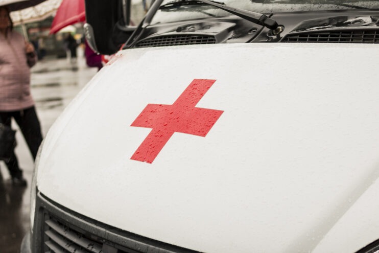 close up shot red cross of Ambulance
