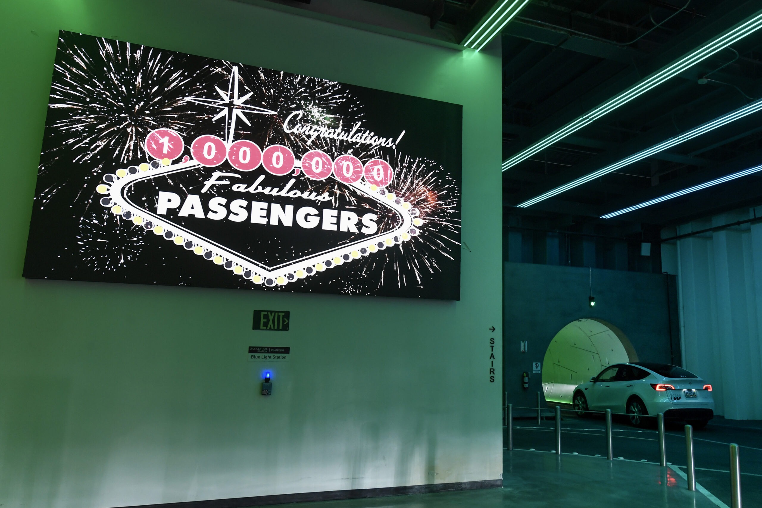 A digital sign in the Vegas Loop central station celebrates the 1,000,000th passenger on the transportation system Tuesday, March 14, 2023, at the Las Vegas Convention Center in Las Vegas, Nevada. (Sam Morris, LVCVA Archive)