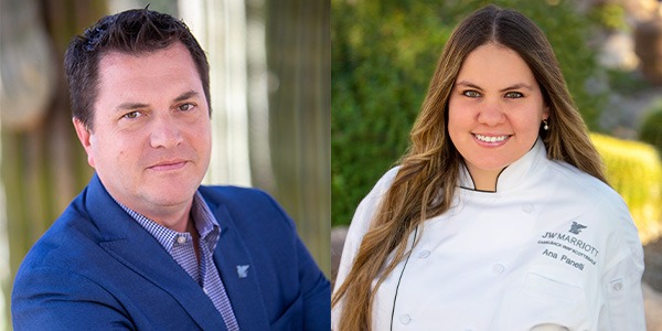 Erik Nygren on left wearing blue suite and Ana Panelli wearing white chef jacket