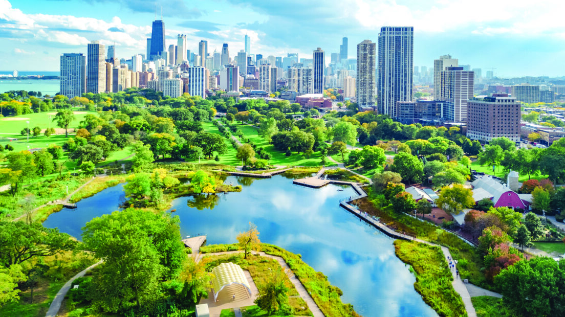 Chicago skyline aerial drone view from above, lake Michigan and city of Chicago downtown skyscrapers cityscape bird's view from park
