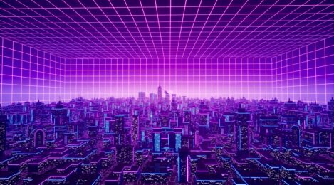 3d metaverse city concept, with purple lighting on the horizon