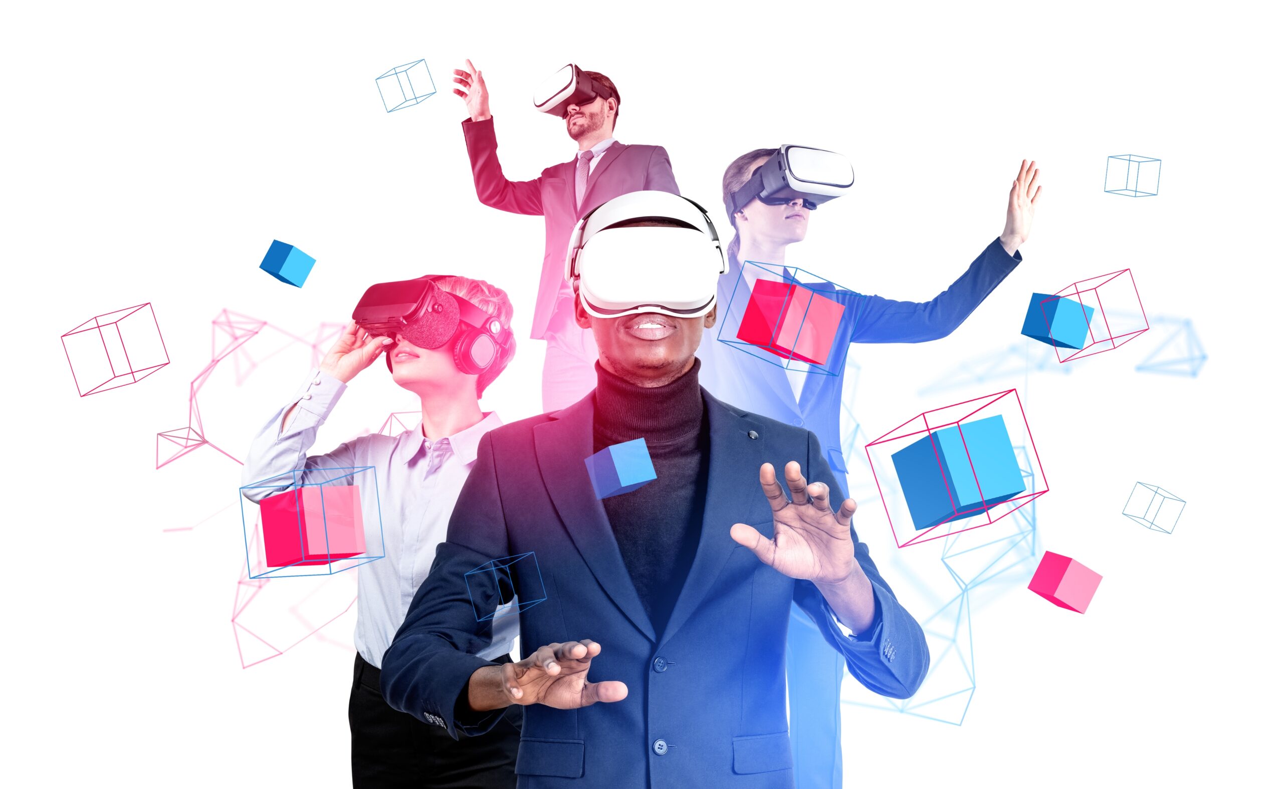 four businesspeople wearing virtual reality goggles