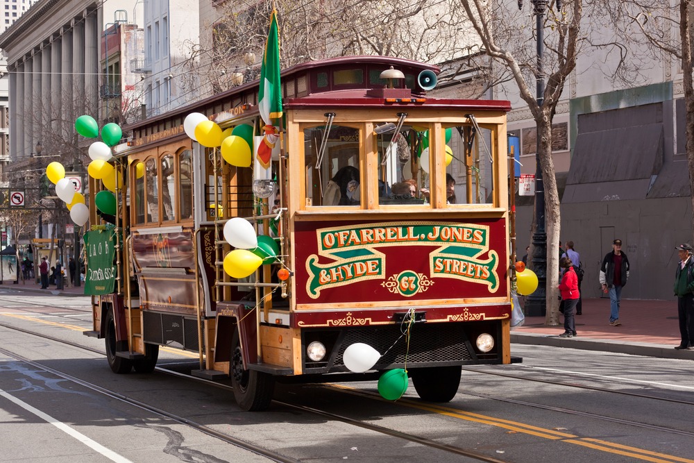 trolley on The 160th Annual St. Patrick's Day Parade in san francisco