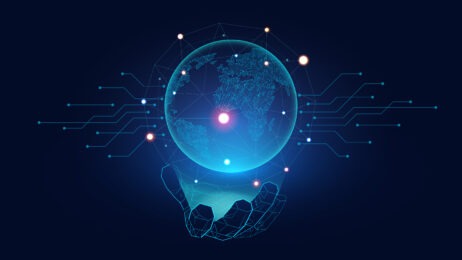 Futuristic Globe with connection network glowing on the hand of Ai robot
