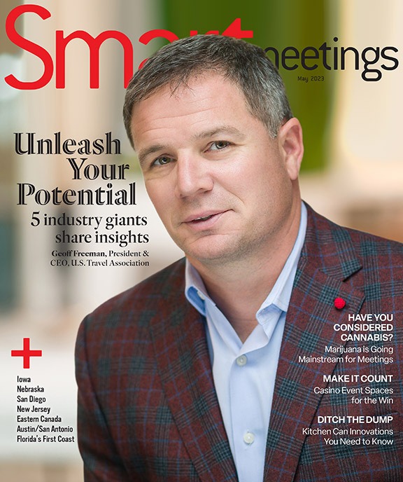 Smart Meetings May 2023 Magazine cover featuring a photo of Geoff Freeman, CEO & President of the US Travel Association on the front cover.