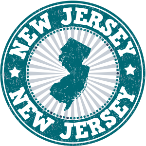 blue new jersey stamp with shape of state in middle