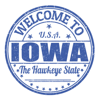 blue stamp that reads "welcome to iowa, the hawkeye state"