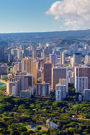 aerial shot of a lot of buildings with trees below