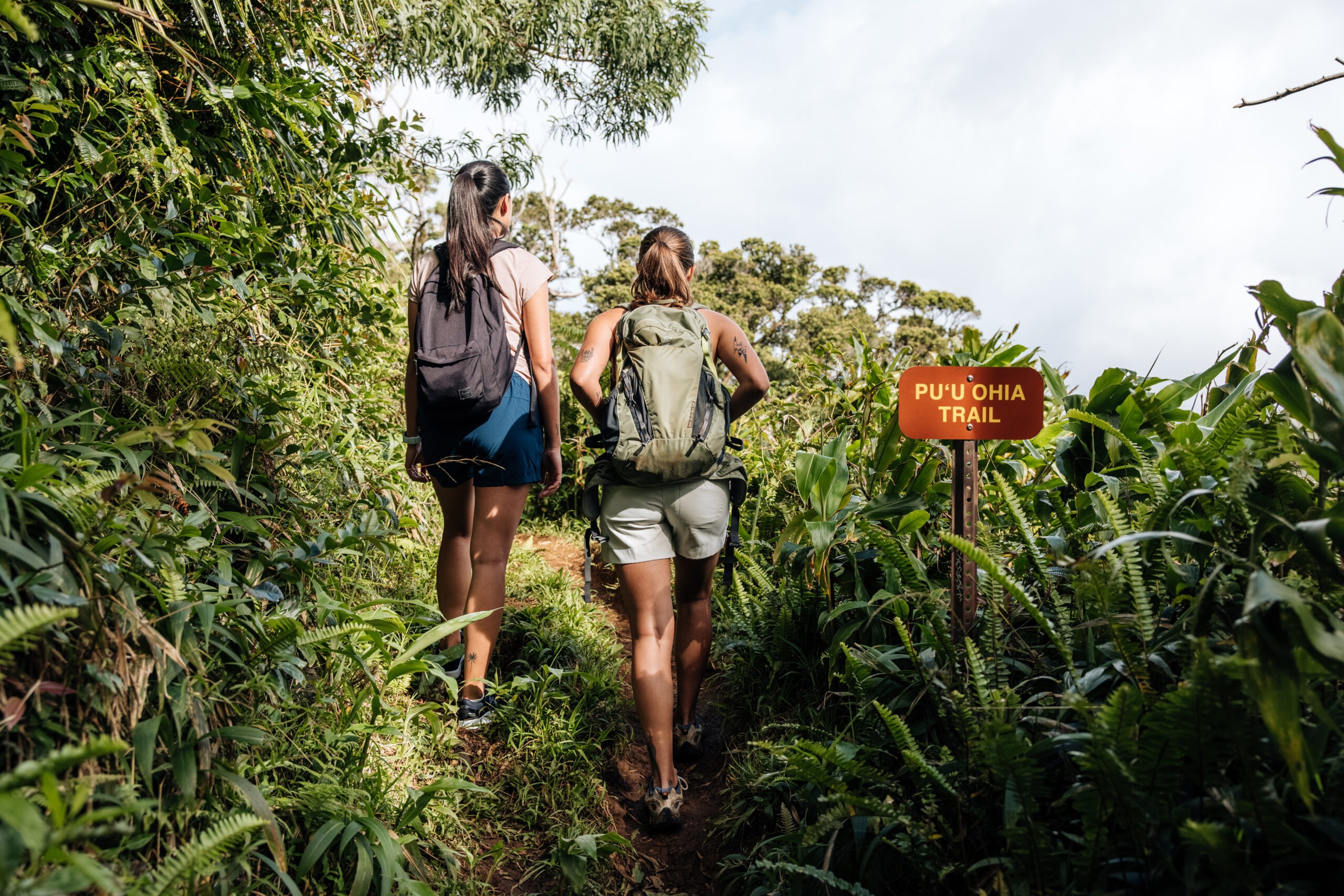 two women hiking in forest