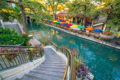 view of river from top of stairs