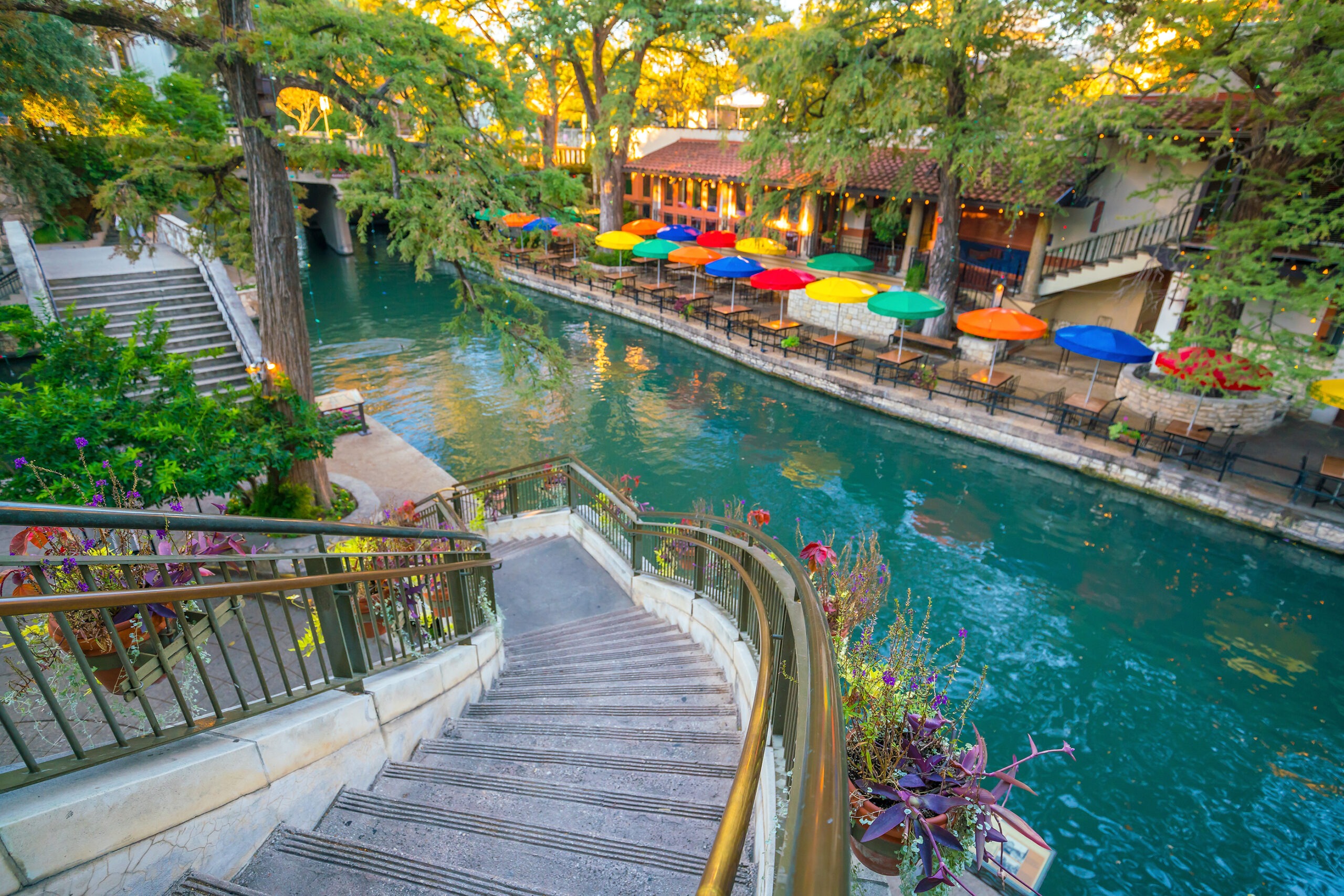 view of river from top of stairs