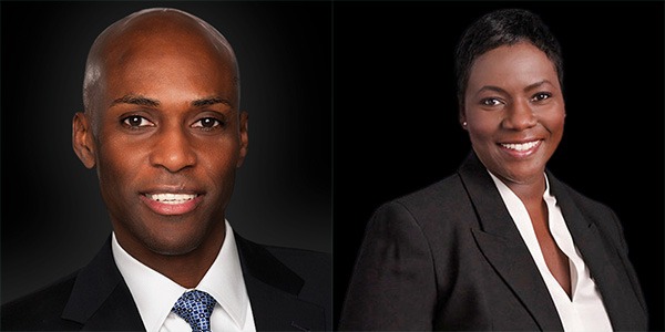 man on left wearing white dress shirt and black sport coat and woman on right black sport coat and white dress shirt