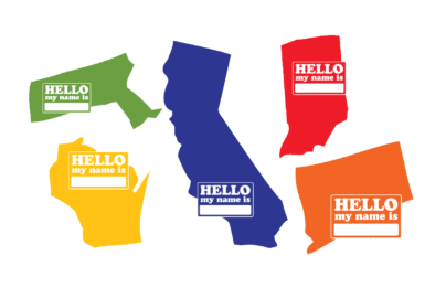 maps of five different states in different colors