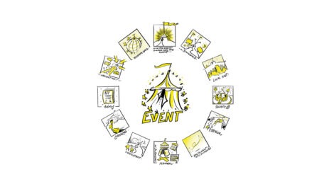 yellow illustration of tent surrounded by event-related icons