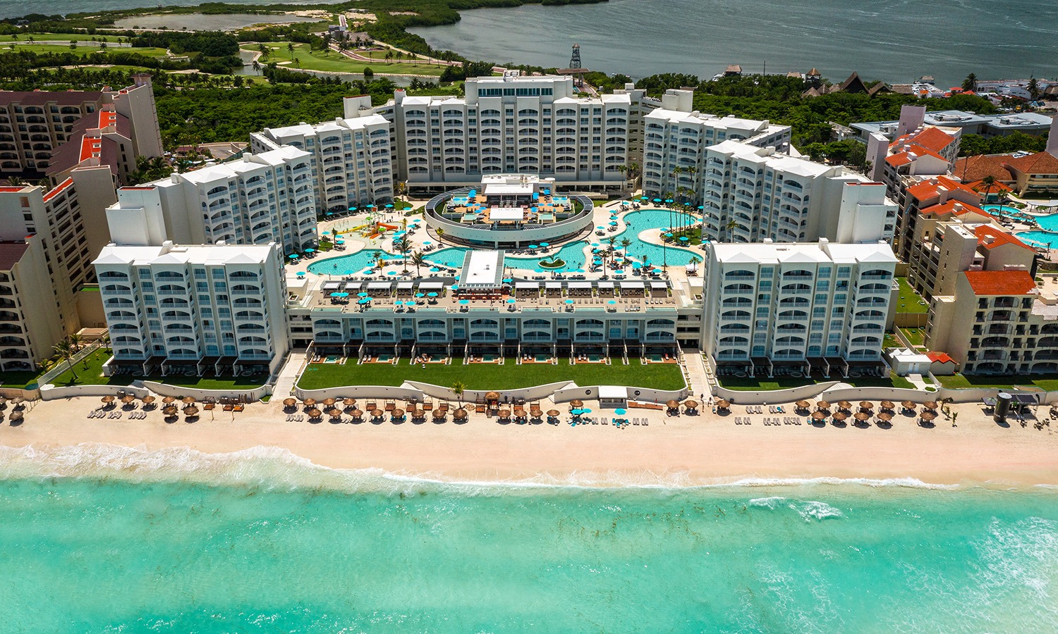 Arial view of Hilton Cancun Mar Caribe, right on the beach.