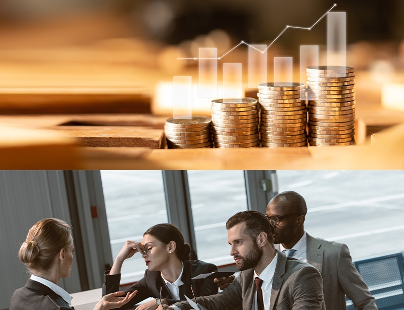 double image: image of coins on top, businesspeople talking on bottom