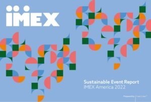 IMEX Sustainability Report 2022 cover blue with pink, orange and green shapes