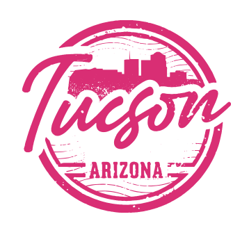 pink stamp of city skyline that reads "tucson arizona"