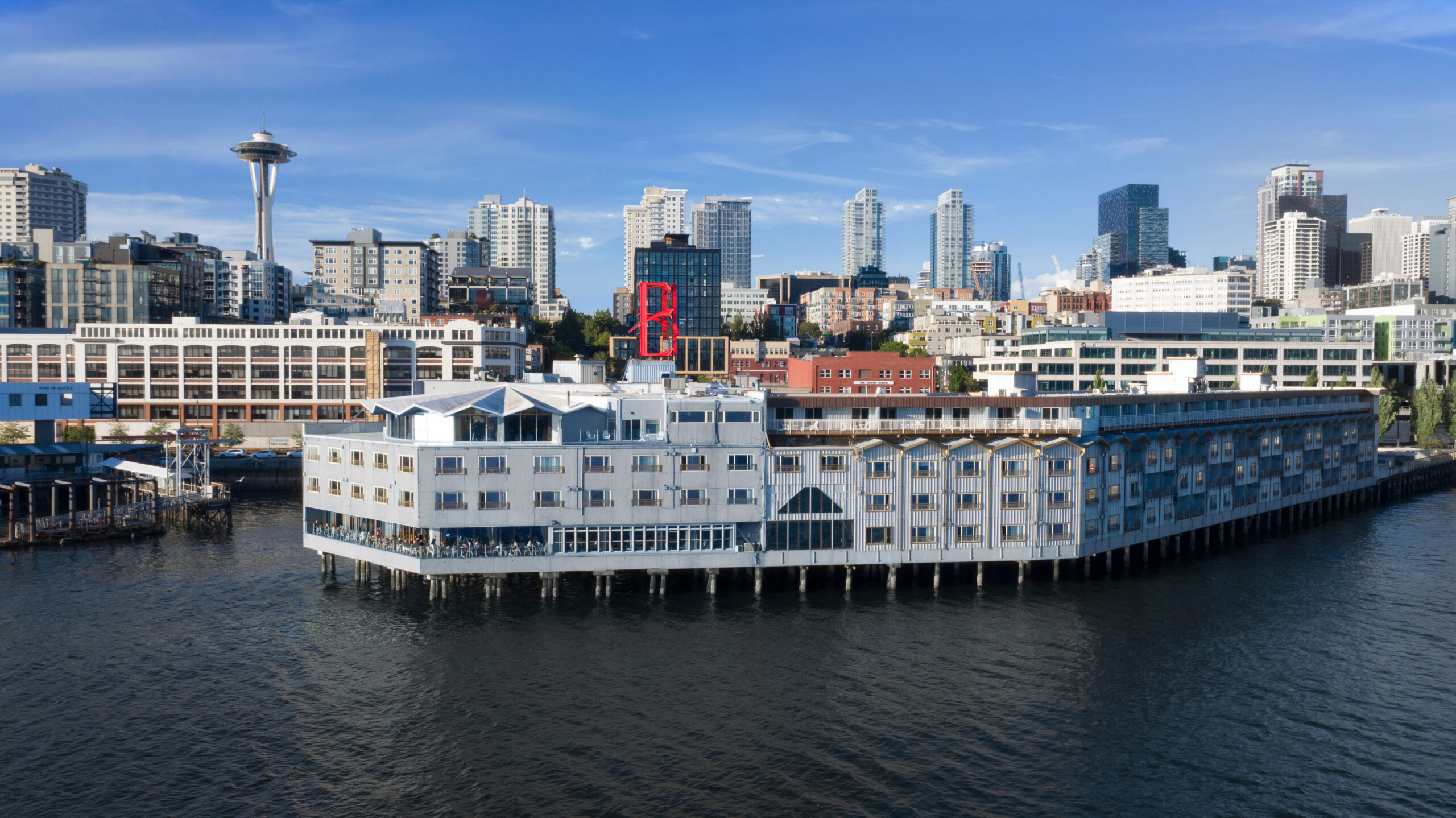 aerial view of hotel over water