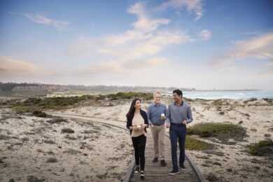 people walking on wooden path on beach