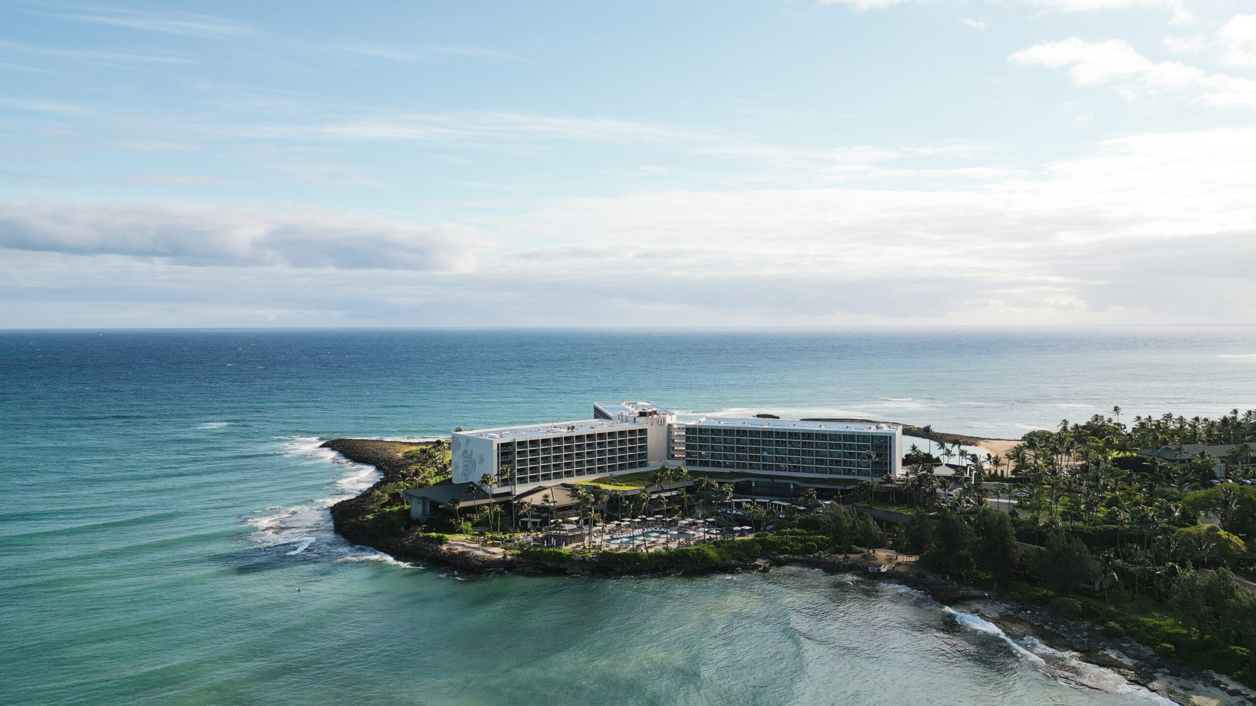 Ariel view of Turtle Bay Resort in Oahu, on an island surrounded by the ocean